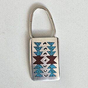 Vintage Henry Begay Navajo Sterling Silver Turquoise Coral Inlay Key Chain Ring